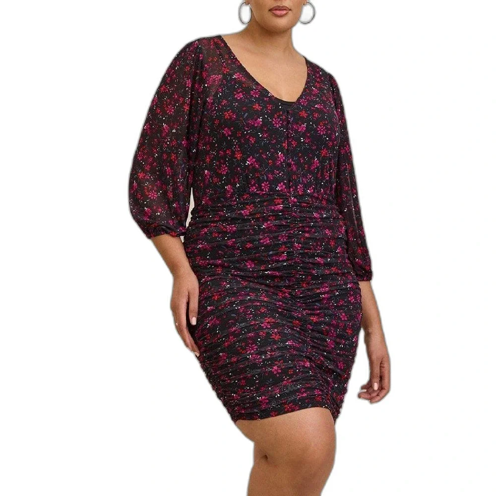 new TORRID Dress, 0/L, Black, Red/Purple Floral, Ruched Skirt, Scoop neck, Meshy - Picture 16 of 16